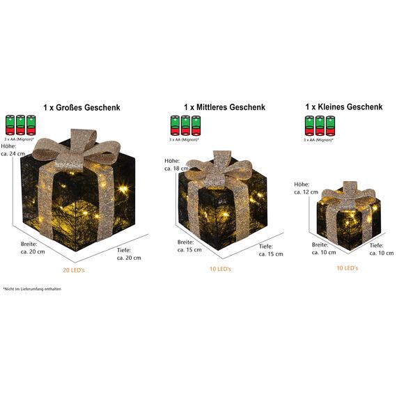 Bambelaa! 3er Led Deko Geschenke Leucht Boxen Timer Weihnachts Dekoration Weihnachtsdeko Beleuchtet Deko Weihnachten Schwarz-Gold