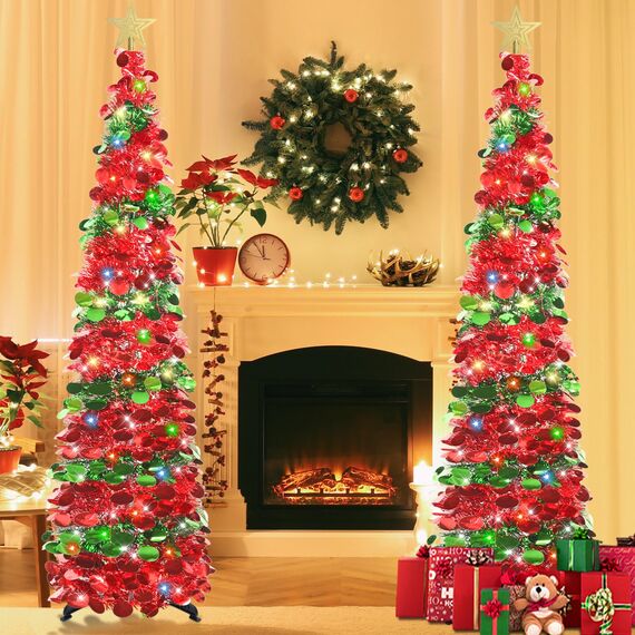 HMASYO 150 cm Pop-Up Lametta Weihnachtsbaum mit 50 Timer-Lichtern, Grün Rot Zusammenklappbarer Künstlich Schlanken Weihnachtsbaum für den Innenbereich, Zuhause Wohnung Kamin mit Festdekoration