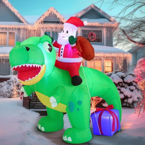 Joiedomi 1.8M/ 6FT Weihnachten aufblasbarer Dinosaurier mit eingebauten LEDs, Blow Up Dinosaurier mit Santa für Weihnachten aufblasbare Outdoor-Dekoration Xmas Party, Outdoor