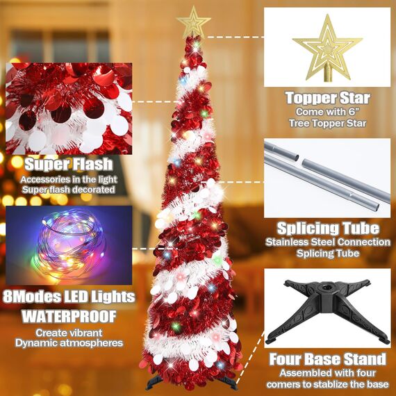 HMASYO 150 cm Pop-Up Lametta Weihnachtsbaum mit 50 Timer-Lichtern, Rot Weißer Zusammenklappbarer Künstlich Schlanken Weihnachtsbaum für den Innenbereich, Zuhause Wohnung Kamin mit Festdekoration
