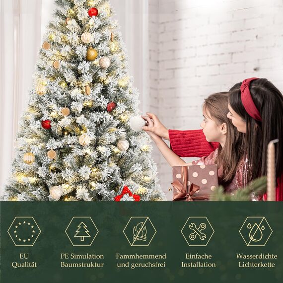 SALCAR 180 cm Künstlicher Weihnachtsbaum mit Schnee und Beleuchtung, Tannenbaum mit 828 Spitzen und 250 warmweißen LEDs, Schnellaufbau-Klappsystem Christbaum, inkl. Christbaumständer