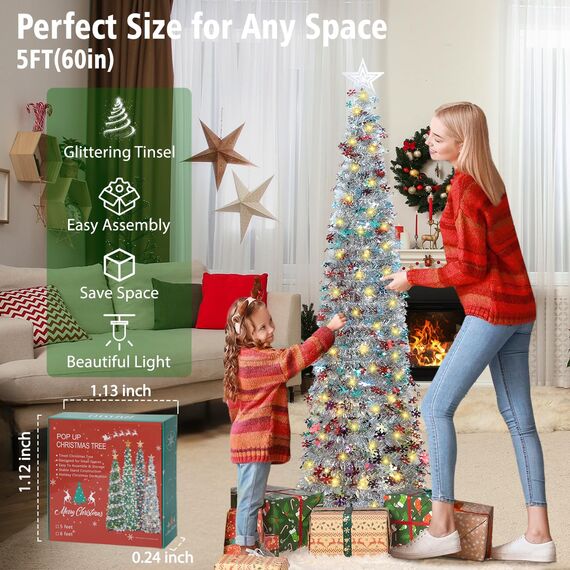 HMASYO 180 cm Pop-Up Lametta Weihnachtsbaum mit 100 Timer-Lichter und Fernbedienung, Zusammenklappbarer Künstlicher Schlanken Weihnachtsbaum für Zuhause Wohnung Büro Festdekoration, USB-Betrieb