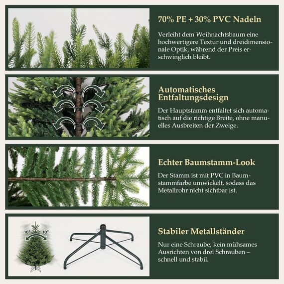 SALCAR Künstlicher Weihnachtsbaum 1,8 m, Naturgetreuer Tannenbaum Künstlich mit Klapp-Schirmsystem, PVC und PE Weihnachts Baum, Metall Christbaum Ständer