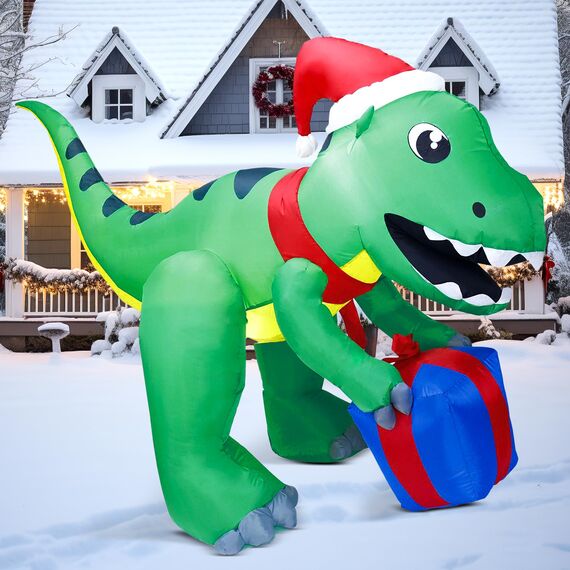 Joiedomi 5ft große Dinosaurier Weihnachten aufblasbare Dekoration, Blow Up Dinosaurier mit Geschenk-Box aufblasbare Build-in LEDs leuchtende riesige Weihnachten Hof Dekor für Xmas