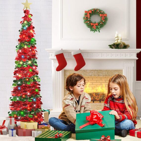 HMASYO 150 cm Pop-Up Lametta Weihnachtsbaum mit 50 Timer-Lichtern, Grün Rot Zusammenklappbarer Künstlich Schlanken Weihnachtsbaum für den Innenbereich, Zuhause Wohnung Kamin mit Festdekoration