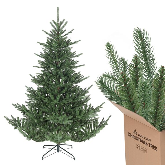 SALCAR 2,1 m Künstlicher Weihnachtsbaum mit naturgetreuen Spritzguss-Elementen, Schnellaufbau durch Klapp-Schirmsystem, 210 cm künstlicher Tannenbaum (Durchmesser ca. 150 cm, extra groß)