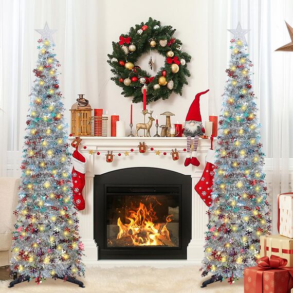 HMASYO 150 cm Pop-Up Lametta Weihnachtsbaum mit 50 Timer-Lichtern, Buntes Silber Zusammenklappbarer Künstlich Schlanken Weihnachtsbaum für den Innenbereich, Zuhause Wohnung Kamin mit Festdekoration