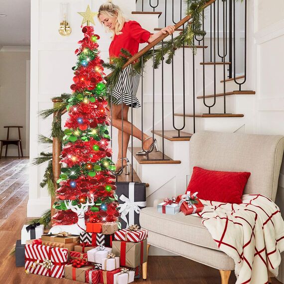 HMASYO 150 cm Pop-Up Lametta Weihnachtsbaum mit 50 Timer-Lichtern, Grün Rot Zusammenklappbarer Künstlich Schlanken Weihnachtsbaum für den Innenbereich, Zuhause Wohnung Kamin mit Festdekoration