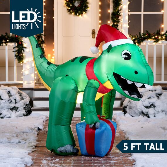 Joiedomi 5ft große Dinosaurier Weihnachten aufblasbare Dekoration, Blow Up Dinosaurier mit Geschenk-Box aufblasbare Build-in LEDs leuchtende riesige Weihnachten Hof Dekor für Xmas