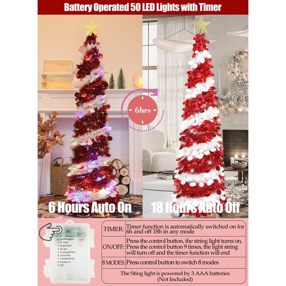 HMASYO 150 cm Pop-Up Lametta Weihnachtsbaum mit 50 Timer-Lichtern, Rot Weißer Zusammenklappbarer Künstlich Schlanken Weihnachtsbaum für den Innenbereich, Zuhause Wohnung Kamin mit Festdekoration