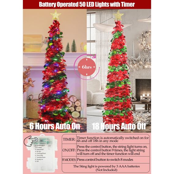 HMASYO 150 cm Pop-Up Lametta Weihnachtsbaum mit 50 Timer-Lichtern, Grün Rot Zusammenklappbarer Künstlich Schlanken Weihnachtsbaum für den Innenbereich, Zuhause Wohnung Kamin mit Festdekoration
