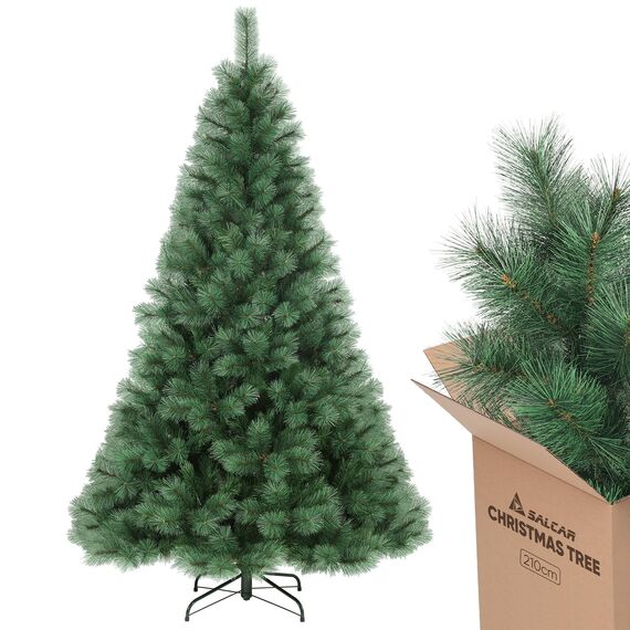SALCAR Künstlicher Weihnachtsbaum 210 cm, Kiefer Tannenbaum (Ø ca. 122 cm) mit Metallständer, Schnellaufbau-Klappsystem, 2,1 m Christbaum für Innenbereich, einfacher Aufbau