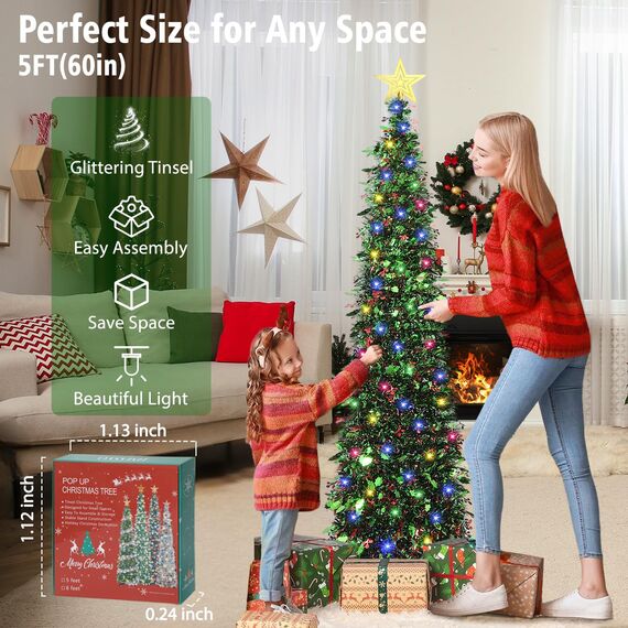 HMASYO Green Leaf Berries 1,5 m großer Pop-up-Weihnachtsbaum mit Zeitschaltuhr-Beleuchtung, Lametta-Weihnachtsbaum, zusammenklappbarer künstlicher Bleistiftbaum, Weihnachtsdekoration für Zuhause