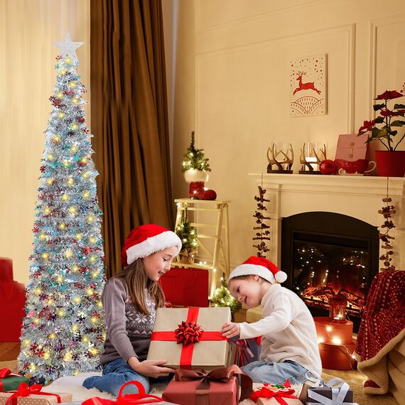 HMASYO 180 cm Pop-Up Lametta Weihnachtsbaum mit 100 Timer-Lichter und Fernbedienung, Zusammenklappbarer Künstlicher Schlanken Weihnachtsbaum für Zuhause Wohnung Büro Festdekoration, USB-Betrieb