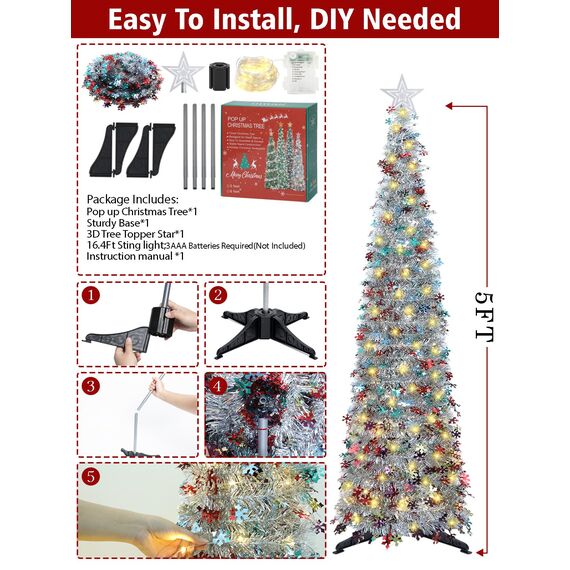 HMASYO 150 cm Pop-Up Lametta Weihnachtsbaum mit 50 Timer-Lichtern, Buntes Silber Zusammenklappbarer Künstlich Schlanken Weihnachtsbaum für den Innenbereich, Zuhause Wohnung Kamin mit Festdekoration