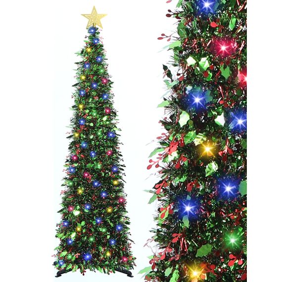 HMASYO Green Leaf Berries 1,5 m großer Pop-up-Weihnachtsbaum mit Zeitschaltuhr-Beleuchtung, Lametta-Weihnachtsbaum, zusammenklappbarer künstlicher Bleistiftbaum, Weihnachtsdekoration für Zuhause