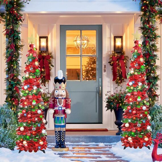 HMASYO 150 cm Pop-Up Lametta Weihnachtsbaum mit 50 Timer-Lichtern, Grün Rot Zusammenklappbarer Künstlich Schlanken Weihnachtsbaum für den Innenbereich, Zuhause Wohnung Kamin mit Festdekoration
