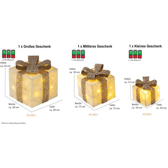 Bambelaa! 3er Led Deko Geschenke Leucht Boxen Timer Weihnachts Dekoration Weihnachtsdeko Beleuchtet Deko Weihnachten (Gold)