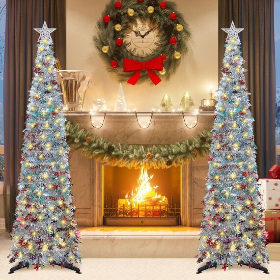 HMASYO 180 cm Pop-Up Lametta Weihnachtsbaum mit 100 Timer-Lichter und Fernbedienung, Zusammenklappbarer Künstlicher Schlanken Weihnachtsbaum für Zuhause Wohnung Büro Festdekoration, USB-Betrieb