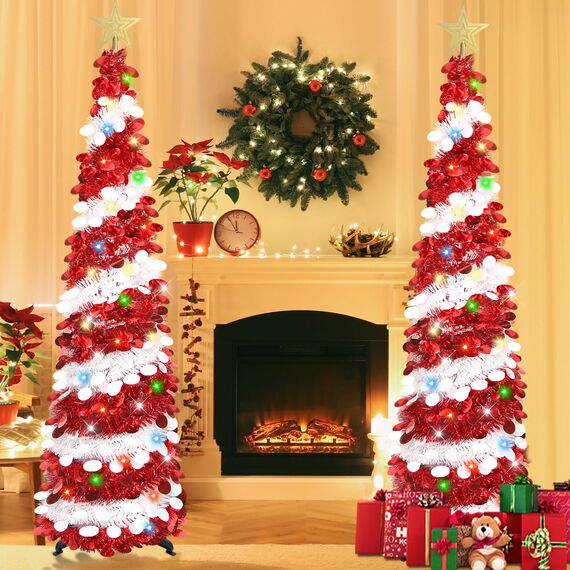 HMASYO 150 cm Pop-Up Lametta Weihnachtsbaum mit 50 Timer-Lichtern, Rot Weißer Zusammenklappbarer Künstlich Schlanken Weihnachtsbaum für den Innenbereich, Zuhause Wohnung Kamin mit Festdekoration
