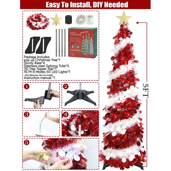 HMASYO 150 cm Pop-Up Lametta Weihnachtsbaum mit 50 Timer-Lichtern, Rot Weißer Zusammenklappbarer Künstlich Schlanken Weihnachtsbaum für den Innenbereich, Zuhause Wohnung Kamin mit Festdekoration