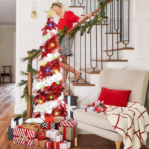 HMASYO 150 cm Pop-Up Lametta Weihnachtsbaum mit 50 Timer-Lichtern, Rot Weißer Zusammenklappbarer Künstlich Schlanken Weihnachtsbaum für den Innenbereich, Zuhause Wohnung Kamin mit Festdekoration