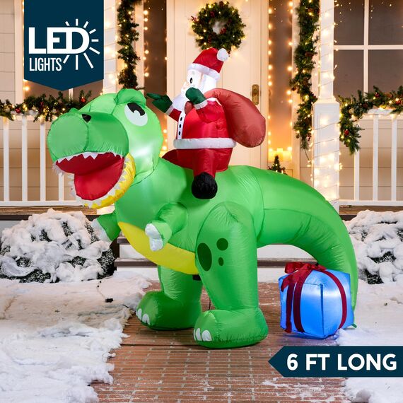 Joiedomi 1.8M/ 6FT Weihnachten aufblasbarer Dinosaurier mit eingebauten LEDs, Blow Up Dinosaurier mit Santa für Weihnachten aufblasbare Outdoor-Dekoration Xmas Party, Outdoor