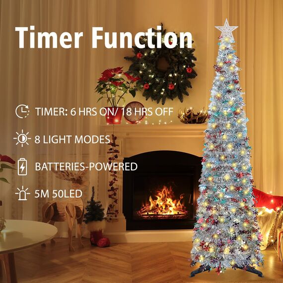 HMASYO 150 cm Pop-Up Lametta Weihnachtsbaum mit 50 Timer-Lichtern, Buntes Silber Zusammenklappbarer Künstlich Schlanken Weihnachtsbaum für den Innenbereich, Zuhause Wohnung Kamin mit Festdekoration