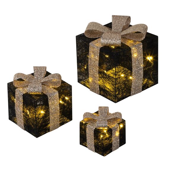 Bambelaa! 3er Led Deko Geschenke Leucht Boxen Timer Weihnachts Dekoration Weihnachtsdeko Beleuchtet Deko Weihnachten Schwarz-Gold