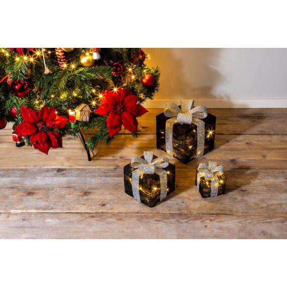 Bambelaa! 3er Led Deko Geschenke Leucht Boxen Timer Weihnachts Dekoration Weihnachtsdeko Beleuchtet Deko Weihnachten Schwarz-Silber