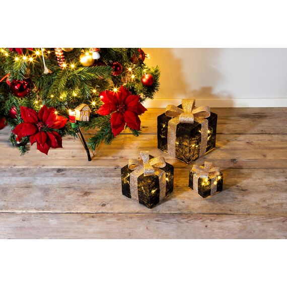 Bambelaa! 3er Led Deko Geschenke Leucht Boxen Timer Weihnachts Dekoration Weihnachtsdeko Beleuchtet Deko Weihnachten Schwarz-Gold