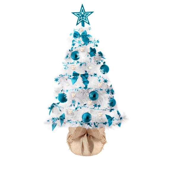 Weihnachtsbaum künstlich (WBD) 60 cm Weiss mit Weihnachtsdeko türkis und Led Lichterkette mit Batteriebox und Fernbedienung künstlicher Christbaum klein Tannenbaum