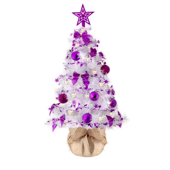 Weihnachtsbaum künstlich (WBD) 75 cm Weiss mit Weihnachtsdeko lila und Led Lichterkette mit Batteriebox und Fernbedienung künstlicher Christbaum klein Tannenbaum