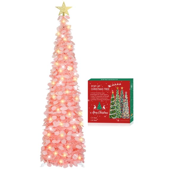 HMASYO 150 cm Pop-Up Lametta Weihnachtsbaum mit 50 Timer-Lichtern, Pink Zusammenklappbarer Künstlich Schlanken Weihnachtsbaum für den Innenbereich, Zuhause Wohnung Kamin mit Festdekoration