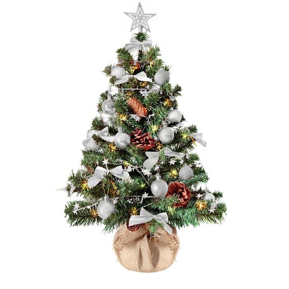 Weihnachtsbaum künstlich (WBD) 90 cm grün mit Weihnachtsdeko Silber und Led Lichterkette mit Batteriebox und Fernbedienung künstlicher Christbaum klein Tannenbaum