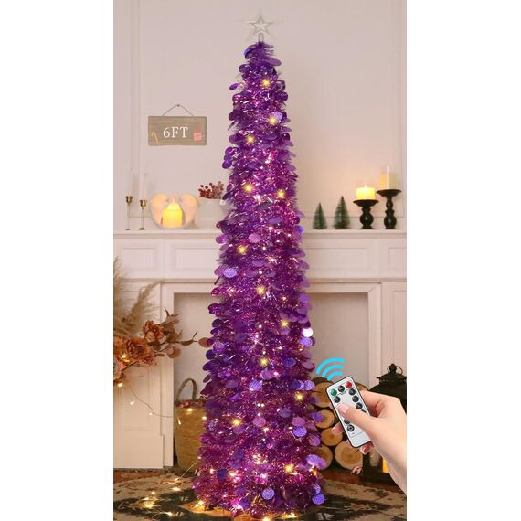 HMASYO Pop-Up-Weihnachtsbaum mit 100 LED-Lichtern und Fernbedienung, violetter Weihnachts-Lametta-Baum, zusammenklappbarer künstlicher Bleistiftbaum für Zuhause, Büro, Party-Dekoration, USB-betriebene