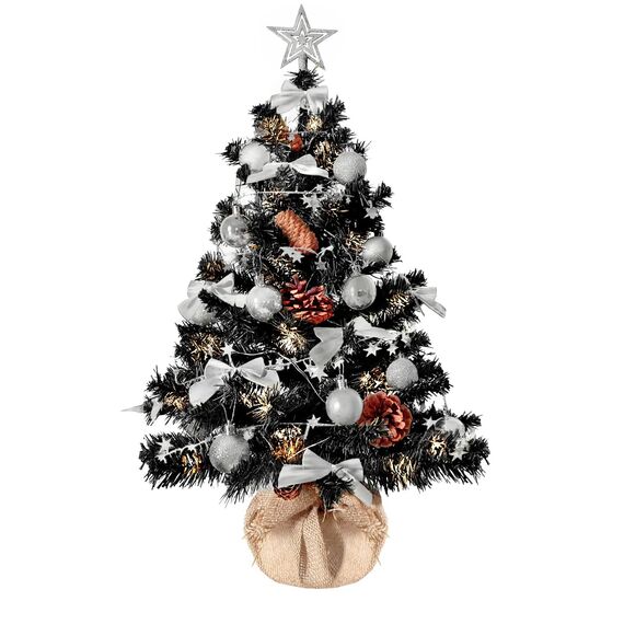 Weihnachtsbaum künstlich (WBD) 90 cm schwarz mit Weihnachtsdeko Silber und Led Lichterkette mit Batteriebox und Fernbedienung künstlicher Christbaum klein Tannenbaum