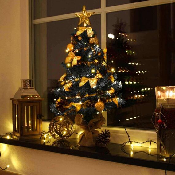 Weihnachtsbaum künstlich (WBD) 60 cm schwarz mit Weihnachtsdeko Gold und Led Lichterkette mit Batteriebox und Fernbedienung künstlicher Christbaum klein Tannenbaum