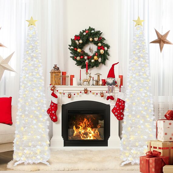 HMASYO 180 cm Pop-Up Lametta Weihnachtsbaum mit 100 Timer-Lichter und Fernbedienung, Weiß Zusammenklappbarer Künstlicher Schlanken Weihnachtsbaum für Zuhause Wohnung Büro Festdekoration, USB-Betrieb