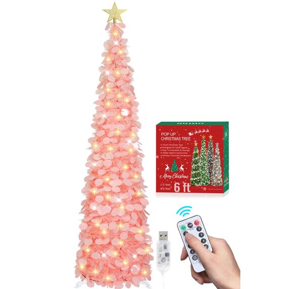 HMASYO 180 cm Pop-Up Lametta Weihnachtsbaum mit 100 Timer-Lichter und Fernbedienung, Pink Zusammenklappbarer Künstlicher Schlanken Weihnachtsbaum für Zuhause Wohnung Büro Festdekoration, USB-Betrieb