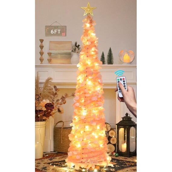 HMASYO 180 cm Pop-Up Lametta Weihnachtsbaum mit 100 Timer-Lichter und Fernbedienung, Pink Zusammenklappbarer Künstlicher Schlanken Weihnachtsbaum für Zuhause Wohnung Büro Festdekoration, USB-Betrieb
