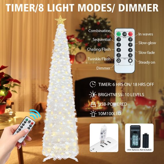 HMASYO 180 cm Pop-Up Lametta Weihnachtsbaum mit 100 Timer-Lichter und Fernbedienung, Weiß Zusammenklappbarer Künstlicher Schlanken Weihnachtsbaum für Zuhause Wohnung Büro Festdekoration, USB-Betrieb