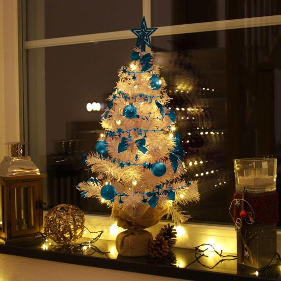 Weihnachtsbaum künstlich (WBD) 60 cm Weiss mit Weihnachtsdeko türkis und Led Lichterkette mit Batteriebox und Fernbedienung künstlicher Christbaum klein Tannenbaum