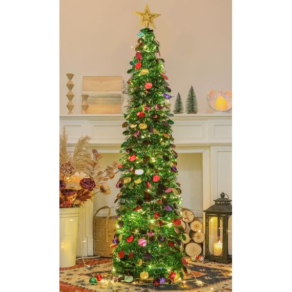 HMASYO 150 cm Pop-Up Lametta Weihnachtsbaum mit 50 Timer-Lichtern, Buntes Grün Zusammenklappbarer Künstlich Schlanken Weihnachtsbaum für den Innenbereich, Zuhause Wohnung Kamin mit Festdekoration