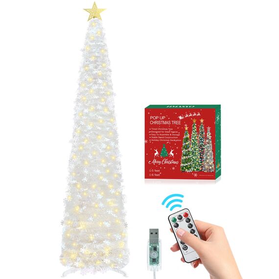 HMASYO 180 cm Pop-Up Lametta Weihnachtsbaum mit 100 Timer-Lichter und Fernbedienung, Weiß Zusammenklappbarer Künstlicher Schlanken Weihnachtsbaum für Zuhause Wohnung Büro Festdekoration, USB-Betrieb