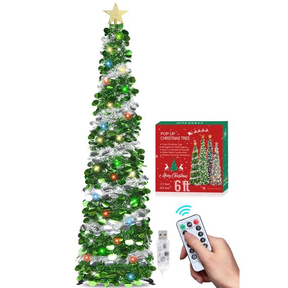 HMASYO 180 cm Pop-Up Lametta Weihnachtsbaum mit 100 Timer-Lichter und Fernbedienung, Zusammenklappbarer Künstlicher Schlanken Weihnachtsbaum für Zuhause Wohnung Büro Festdekoration, USB-Betrieb