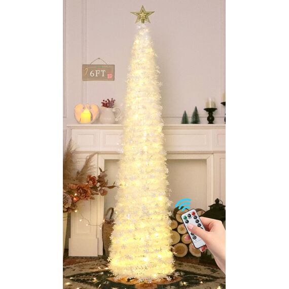 HMASYO 180 cm Pop-Up Lametta Weihnachtsbaum mit 100 Timer-Lichter und Fernbedienung, Weiß Zusammenklappbarer Künstlicher Schlanken Weihnachtsbaum für Zuhause Wohnung Büro Festdekoration, USB-Betrieb