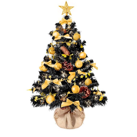 Weihnachtsbaum künstlich (WBD) 60 cm schwarz mit Weihnachtsdeko Gold und Led Lichterkette mit Batteriebox und Fernbedienung künstlicher Christbaum klein Tannenbaum