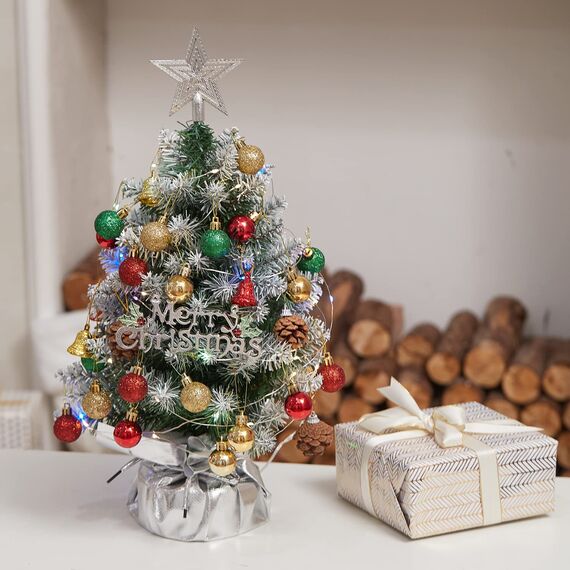 XmasExp Mini-Weihnachtsbaum-Set mit 2 LED-Lichtern, Stern-Baumkronen, Ornamenten, Kugeln, Glocken und Tannenzapfen, 50,8 cm, silberfarben