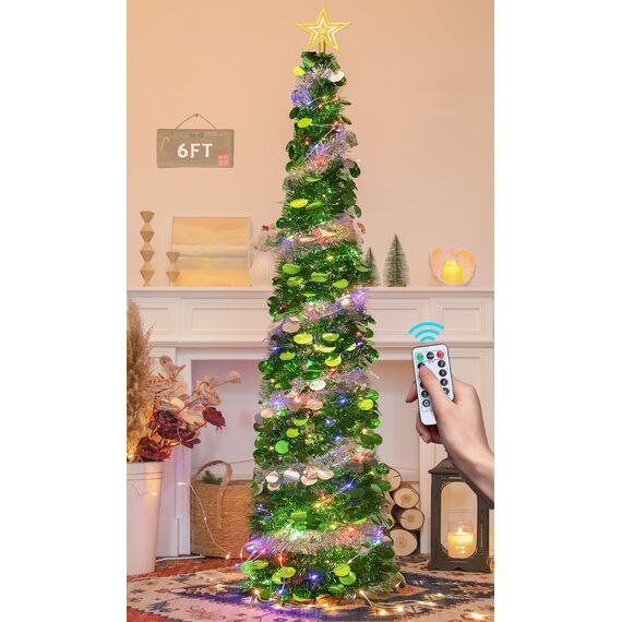 HMASYO 180 cm Pop-Up Lametta Weihnachtsbaum mit 100 Timer-Lichter und Fernbedienung, Zusammenklappbarer Künstlicher Schlanken Weihnachtsbaum für Zuhause Wohnung Büro Festdekoration, USB-Betrieb